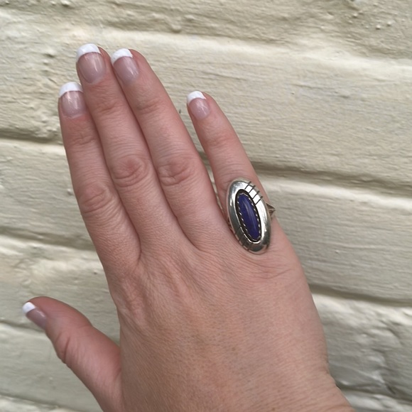 Vintage Sterling Silver Lapis Oval Ring by Navajo Artist PP - Picture 5 of 16